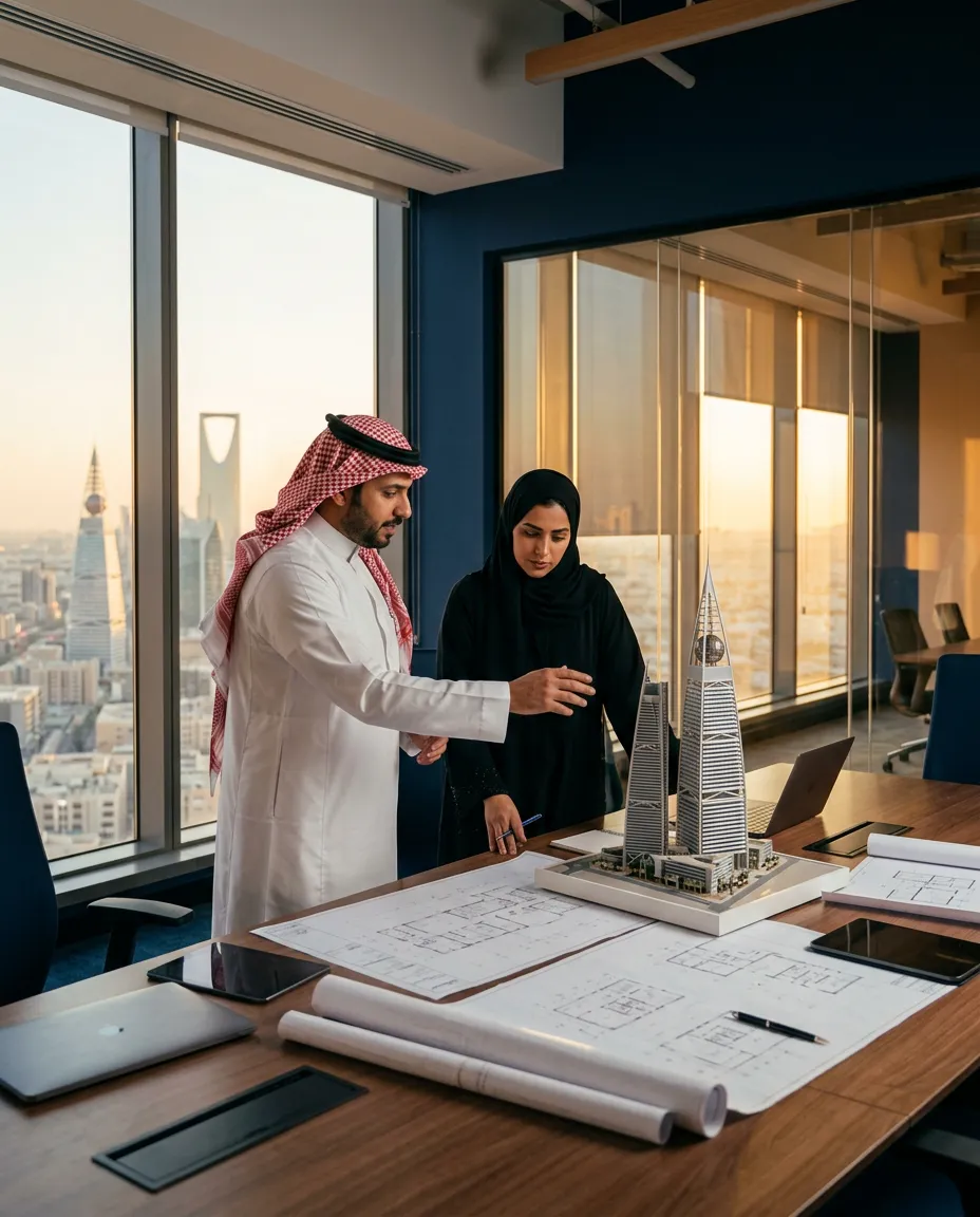 مهندس ومهندسة سعوديان يراجعان مجسماً معمارياً ومخططات هندسية في مكتب مطل على أفق الرياض